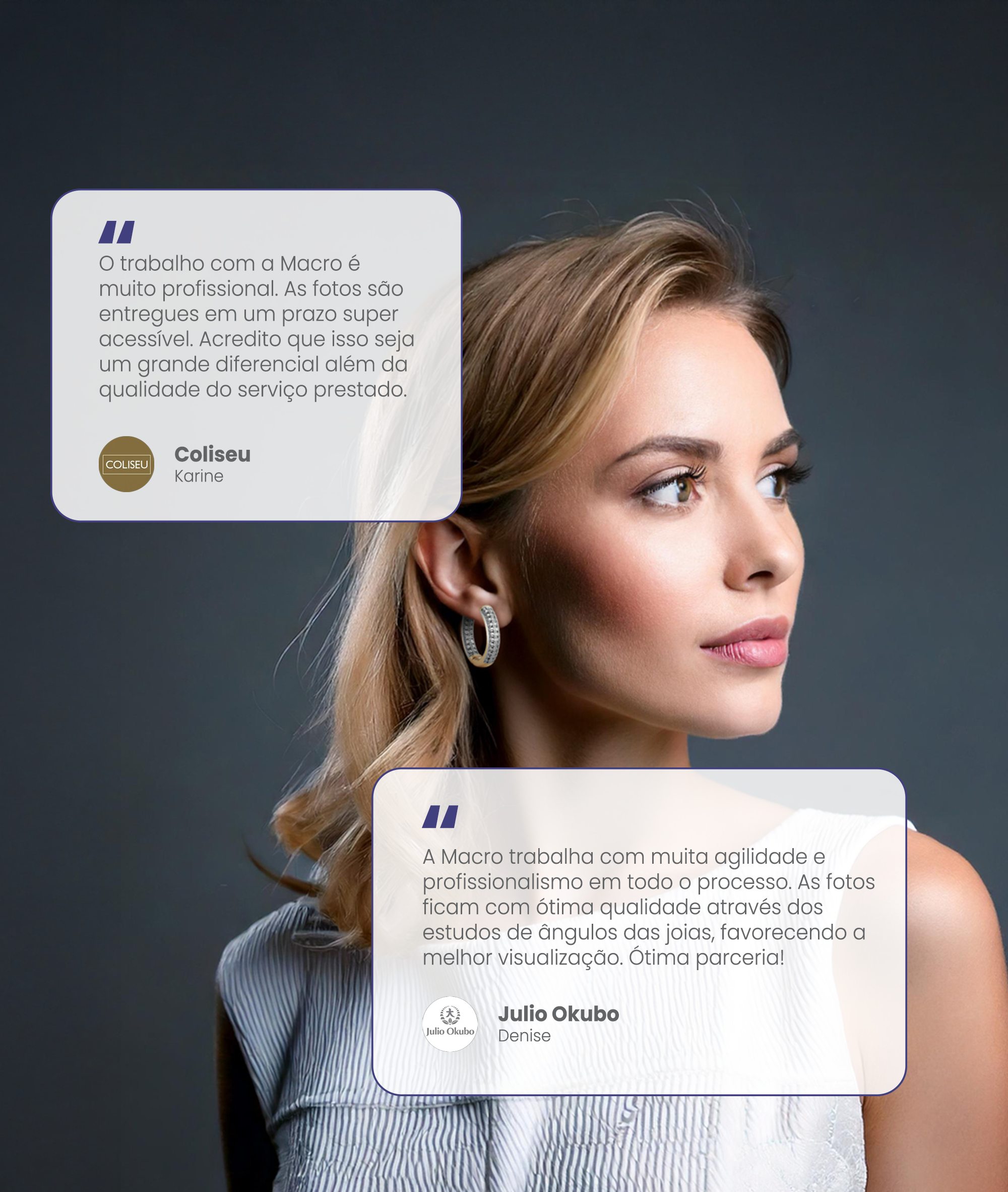 Mulher loira usando brincos prateados, olhando de perfil, ao lado de depoimentos de clientes satisfeitos sobre os serviços de fotografia da Macro.
